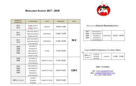HORAIRES SAISON 2017-2018